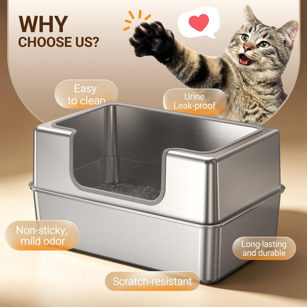 Non-Stick Entirely Stainless Steel Litter Box Splash-Proof & Leak-Proof