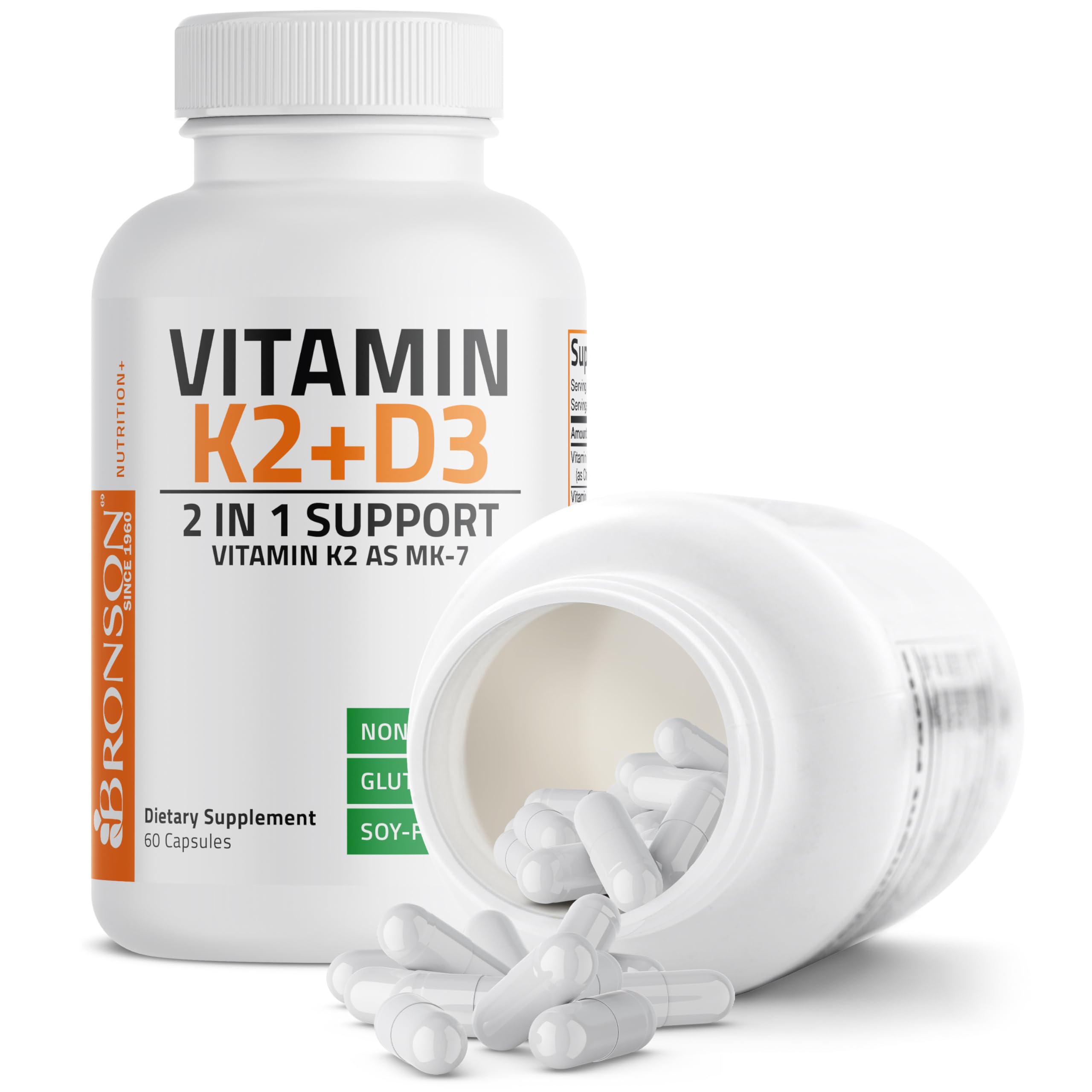Bronson Vitamin K2 D3 (MK7) Supplement 2-in1 D3 & K2 Complex, 60 Capsules | Bone, Immune & Heart Health Support, Gluten Free, Soy Free, Non-GMO, Vitamin D3 5000IU (125 mcg) & 90 mcg K2 MK-7