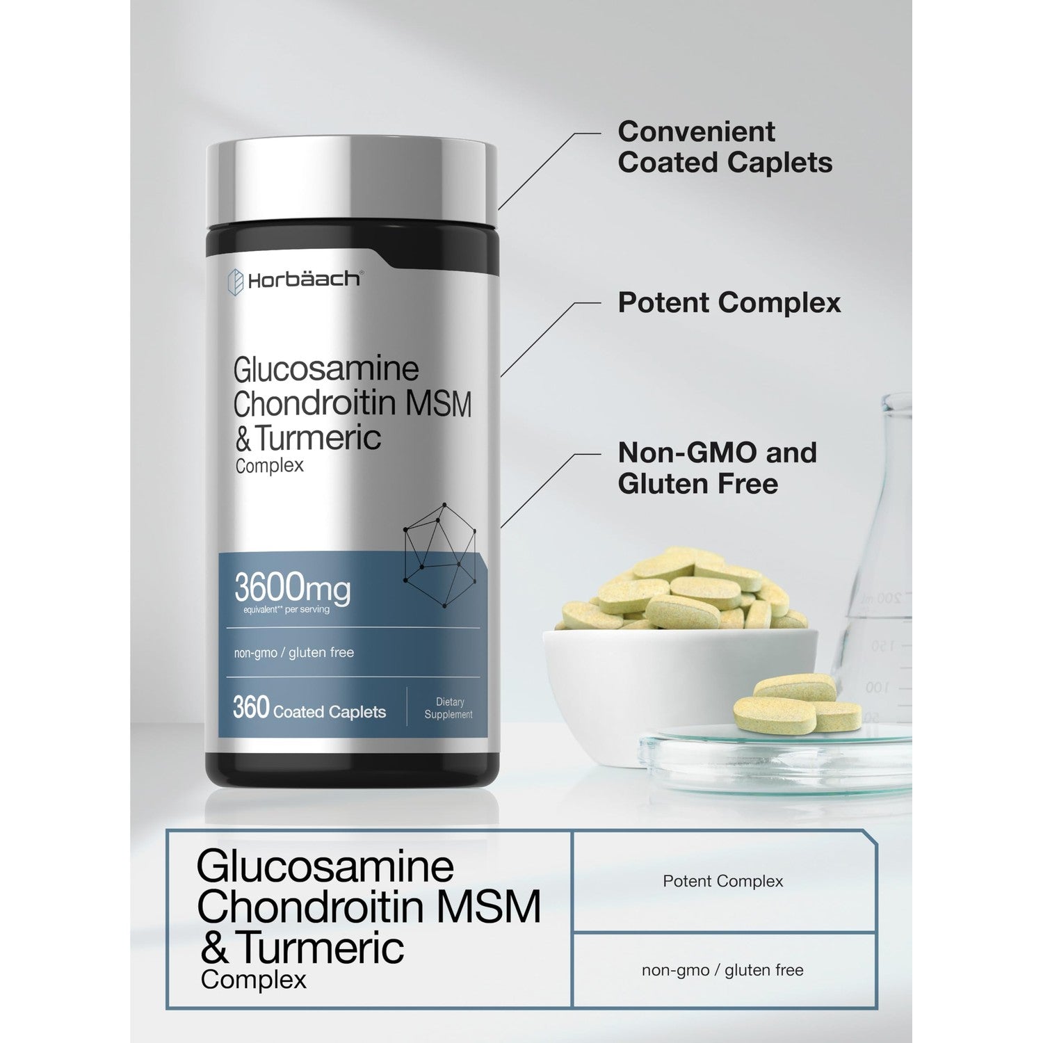 Horbäach Glucosamine Chondroitin MSM | 360 Caplets | Advanced Formula with Turmeric | Non-GMO, Gluten Free