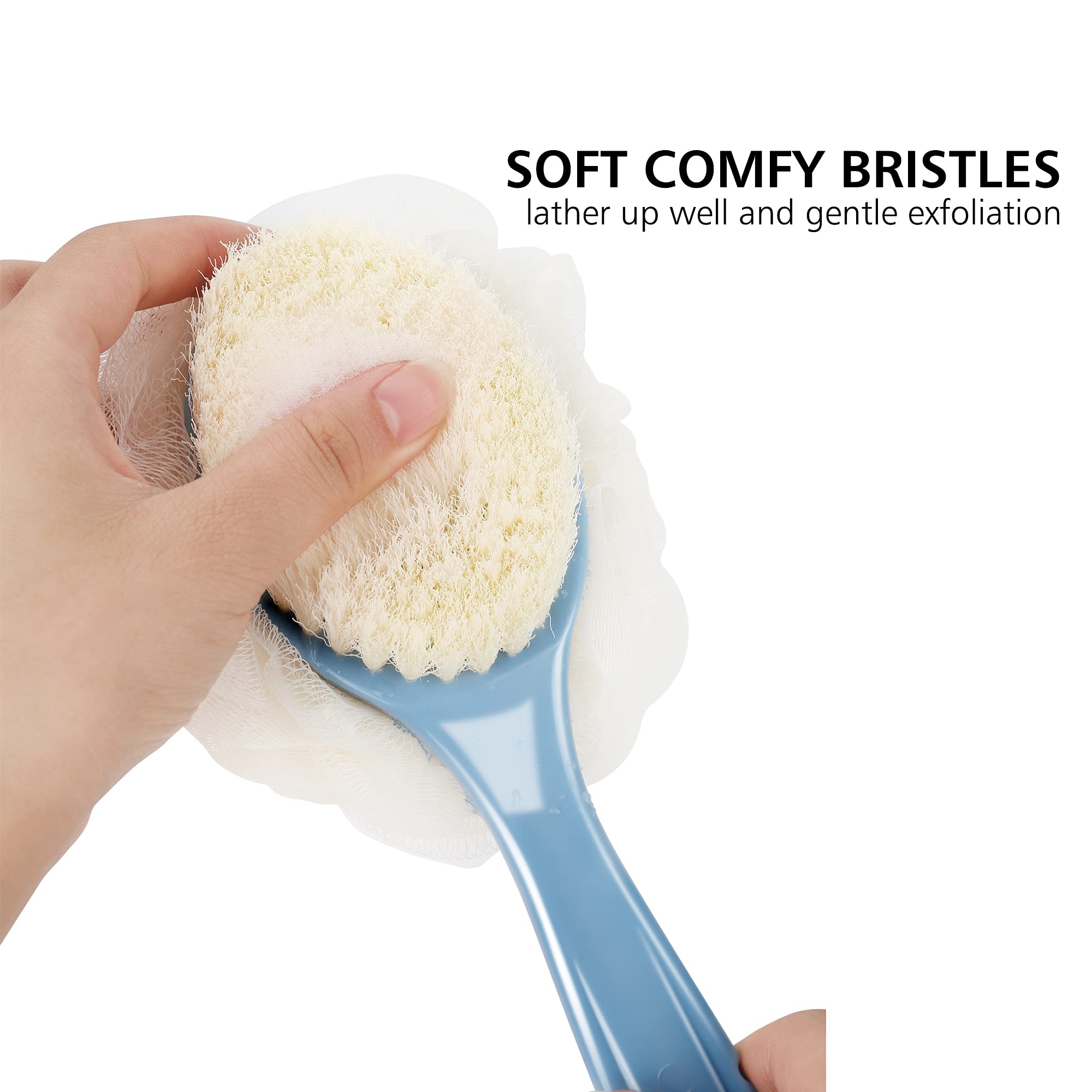 Shower Body Brush Bristles & Mesh Loofah Sponge,Curved Handle Back Scrubber | Long Handle Bath Brush with Mesh Sponge for Skin Exfoliating,Massage Bristles Suitable for Wet or Dry,Men & Women(Blue)
