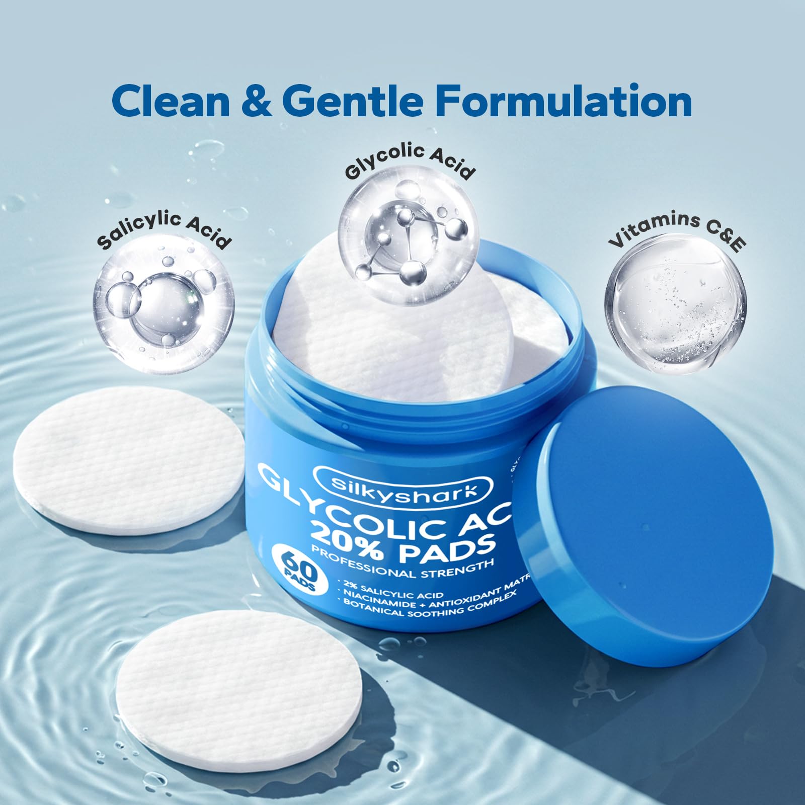 SilkyShark Glycolic Acid 20% Resurfacing Pads (60 Count), 20% Ultra Pure Glycolic Acid + 2% Salicylic Acid, Exfoliating Peel Pads for Face & Body, Effective Chemical with Vitamin B&C&E