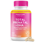 Pink Stork Total Prenatal + DHA, Vegan, No Fishy Burps, 60 Count, Berry | Methylfolate, Vegan DHA, Non-Constipating Iron, Choline, Vitamin B12 | Clean Label Purity Award, Made in USA
