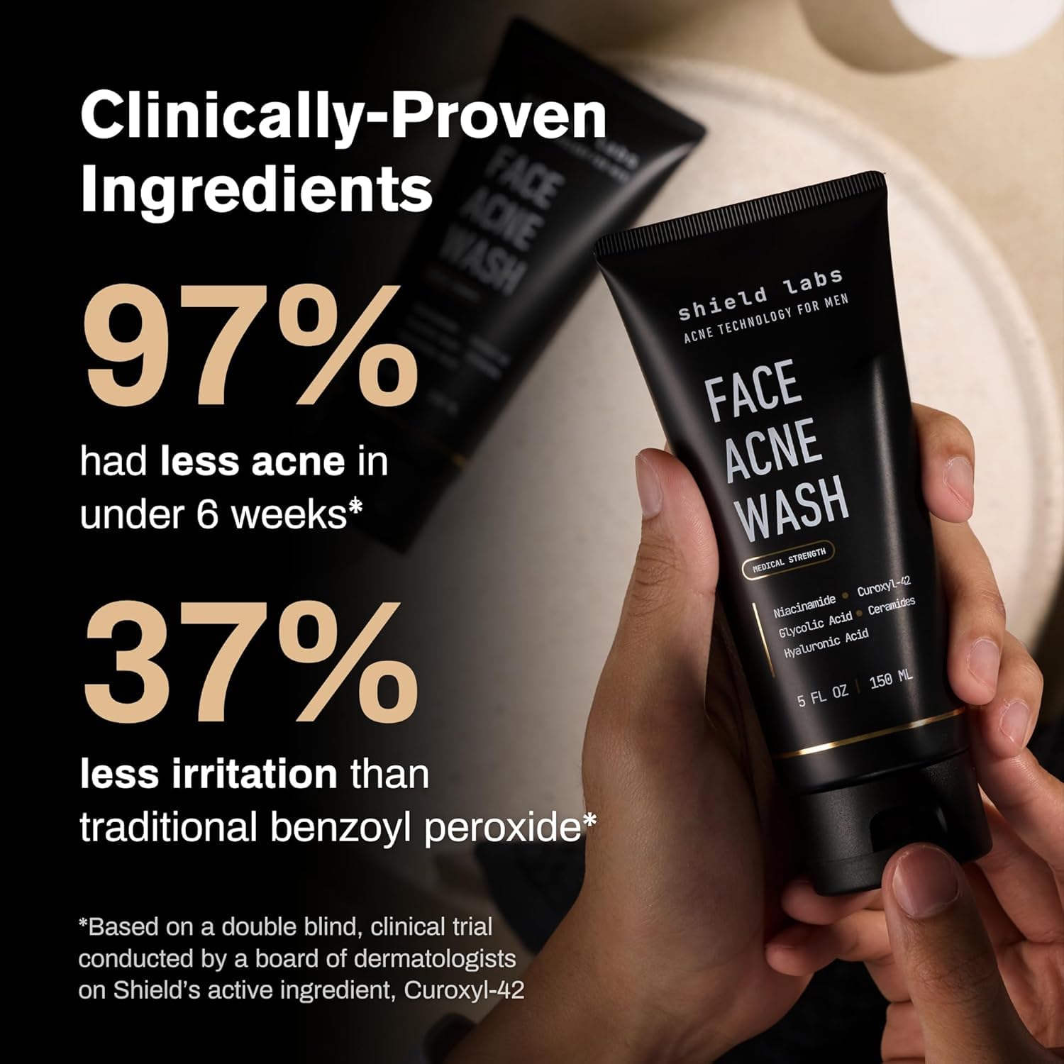 Shield Face Acne Wash for Men and Boys, Curoxyl-42 Face Wash to Clear, Treat, and Prevent Acne, Gentle formula with Niacinamide, Hyaluronic Acid, and Ceramides, Unscented, 5.1 oz, Pack of 1