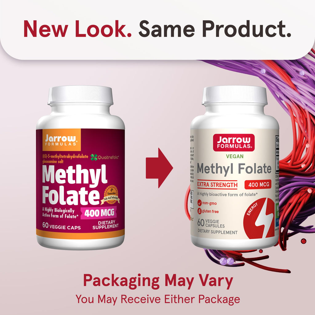 Jarrow Extra Strength Methyl Folate, Folate 400 mcg, 60 Capsules | Dietary Supplement for Cardiovascular and Neurologic Health Support, 60 Day Supply