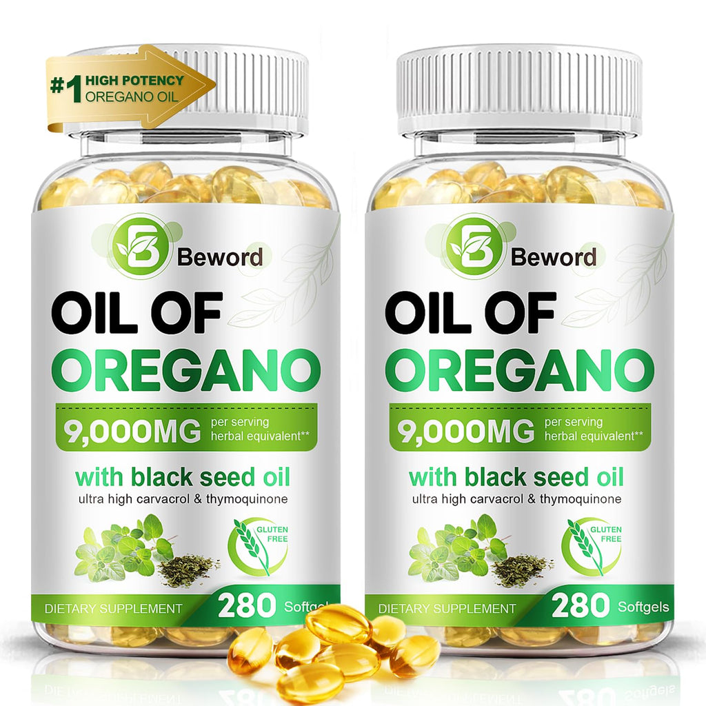 BEWORD Oil of Oregano with Black Seed Oil, 560 Softgels, 9000mg Per Serving | 2-in-1 Oregano Supplement for Immune Health with High Carvacrol & Thymoquinone | Plant-Based, Non-GMO