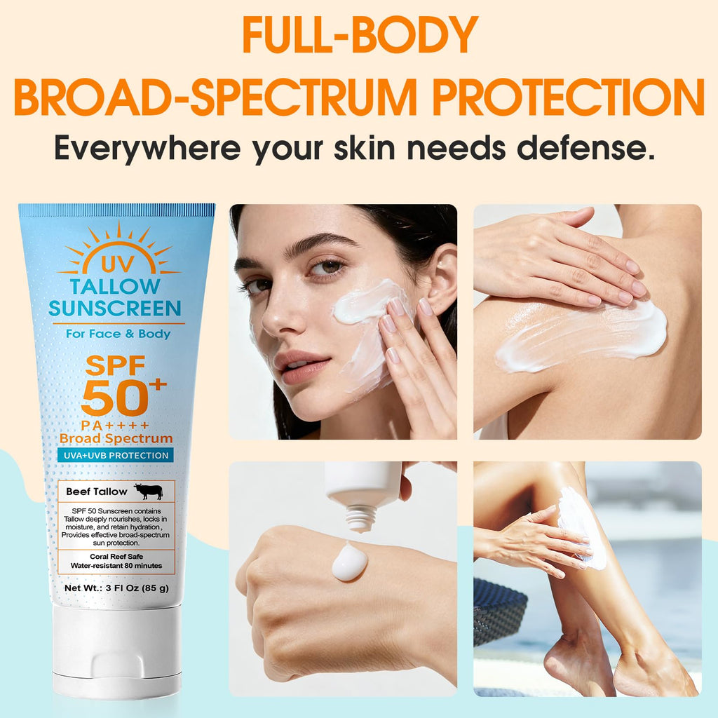 Beef Tallow Sunscreen, Broad Spectrum Mineral Lotion with Non-Nano Zinc Oxide - No White Cast, Non-Greasy, Reef-Safe & Water-Resistant for Sensitive Skin (3 Fl Oz)
