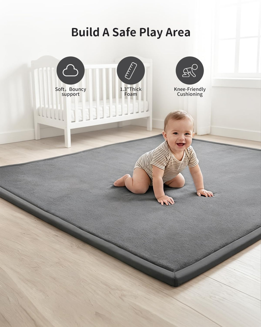 Goyuu Baby Play Mat for Floor, 50x50 Inch Thick Foam Playpen Mat, Ultra Soft Velvet Crawling & Tummy Time Mat, Non-Slip Baby Floor Mat, Easy to Clean, for Infants & Toddlers