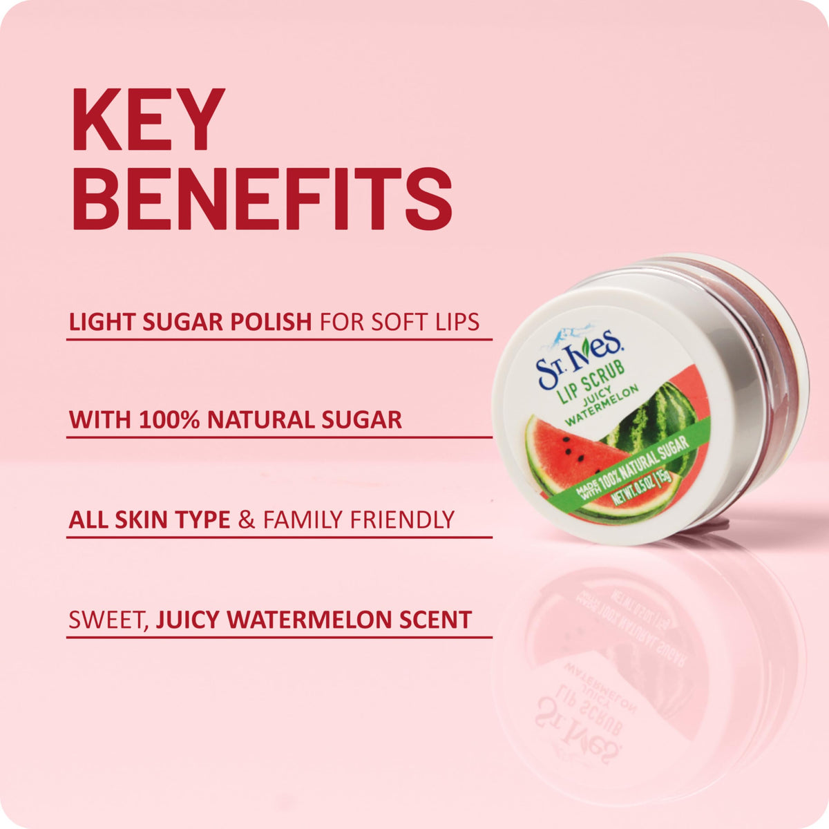 St. Ives Watermelon Lip Scrub, Sugar Exfoliator with 100% Natural Ingredients, Helps Smooth Away Dullness, 0.5 oz Jar
