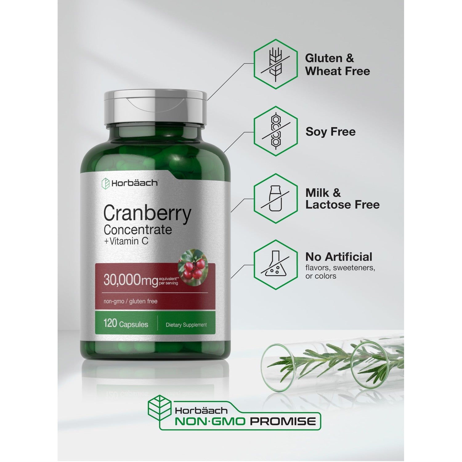 Horbäach Cranberry Concentrate Extract Pills + Vitamin C | 120 Capsules | Supplement for Women and Men | Triple Strength Ultimate Potency Formula | Non-GMO and Gluten Free
