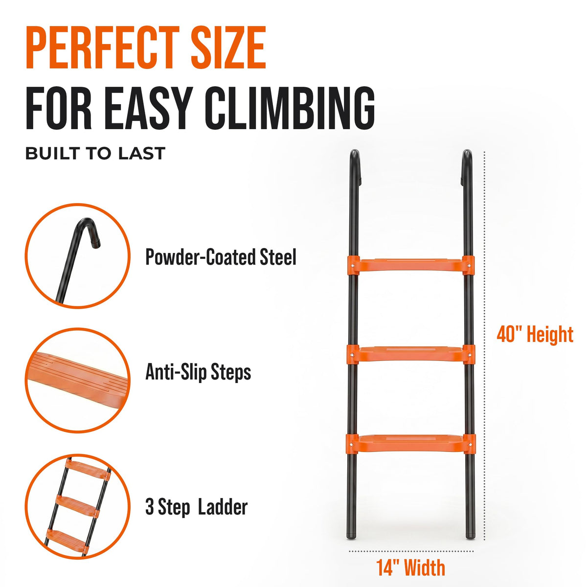 N1Fit Trampoline Ladder - Universal 3-Step Trampoline Steps Supporting up to 220 lbs - Powder Coated & UV Treated Trampoline Stairs Accessories for Kids All Weather Exposure - Sturdy & Safe Design