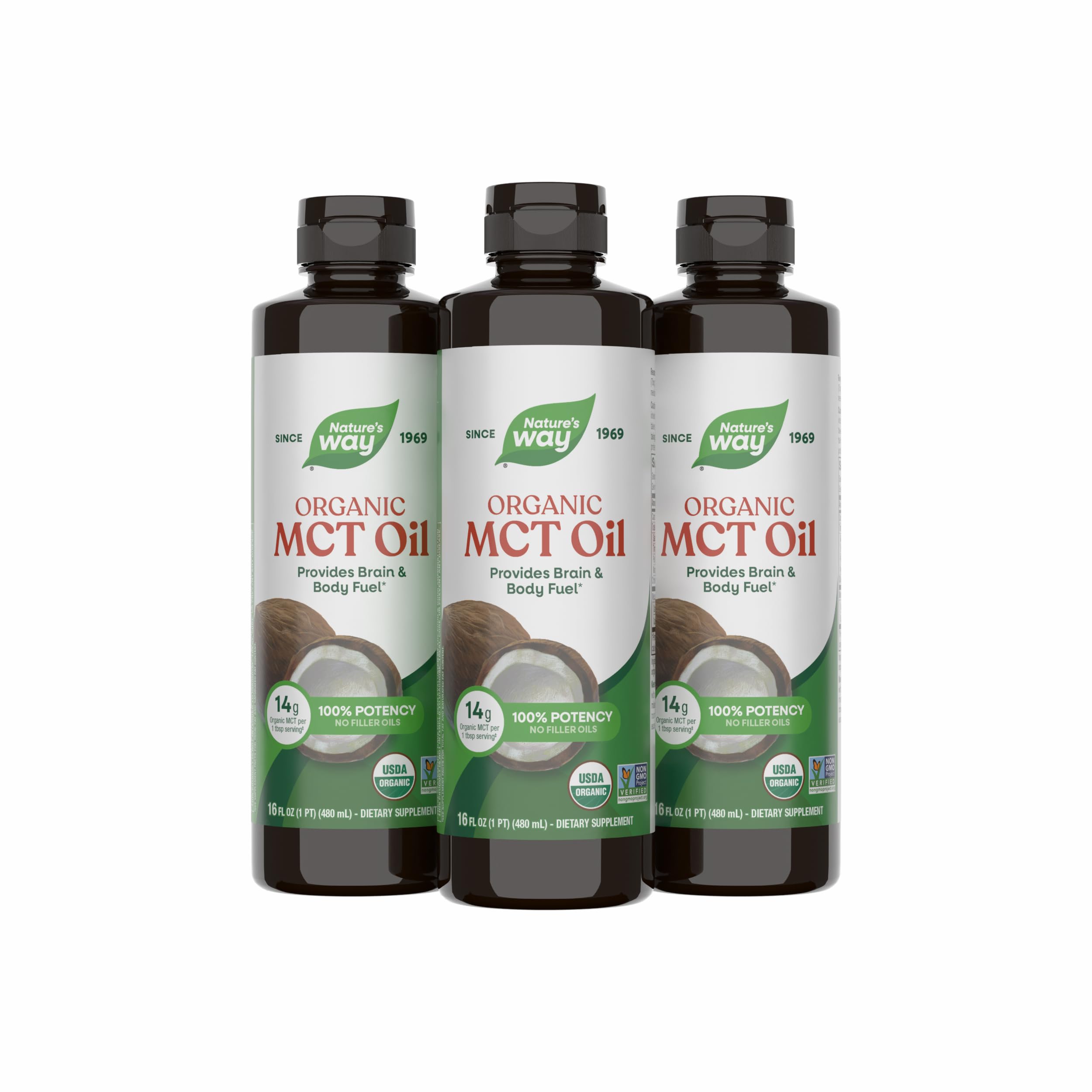 Nature's Way Organic MCT Oil, Brain and Body Fuel*, Keto & Paleo, 16 Fl Oz | Liquid Coconut MCT Oil with C8 Caprylic & C10 Capric Acids, 14 g Medium Chain Triglycerides per Serving, Non-GMO