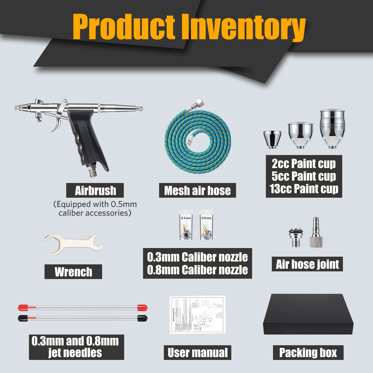 Airbrush Kit, Air Brush Painting Set, Double Action Trigger Airbrush Gun with 0.3mm/0.5mm/0.8mm Needles, 2cc/5cc/13cc Paint Cup, Airbrush Spray Tool Set for Painting Nails Cake Tattoo Makeup