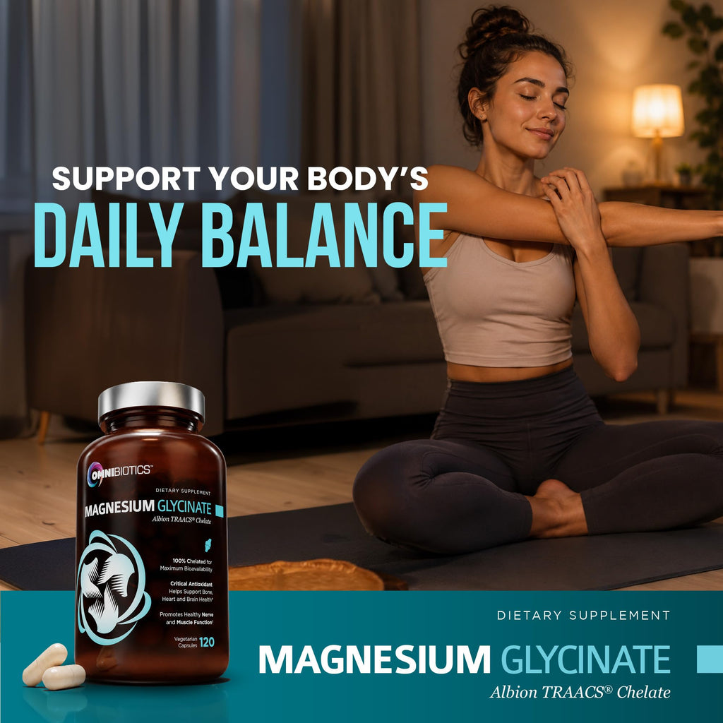 OmniBiotics Magnesium Glycinate Supplement – with 100% Pure Albion TRAACS Bisglycinate Chelate for Sleep, Muscle, Nerve & Heart Health – 120 Vegan Capsules
