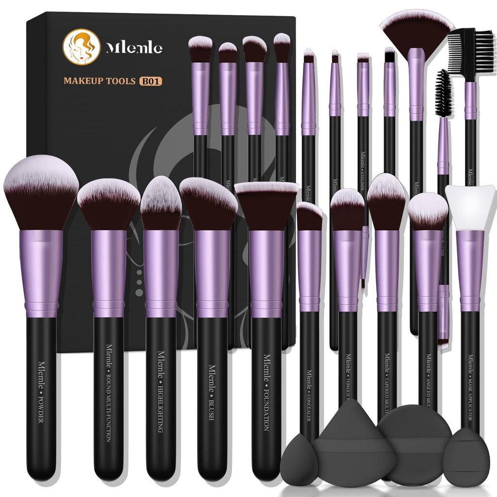 Makeup Brushes Set, Mlemle Professional 25 Pcs Makeup Kit, Include Foundation Powder Blush Concealers Eye shadows 21 Pcs Makeup Brushes and 2 Powder Puff, 2 Makeup Sponge(B01-Black)