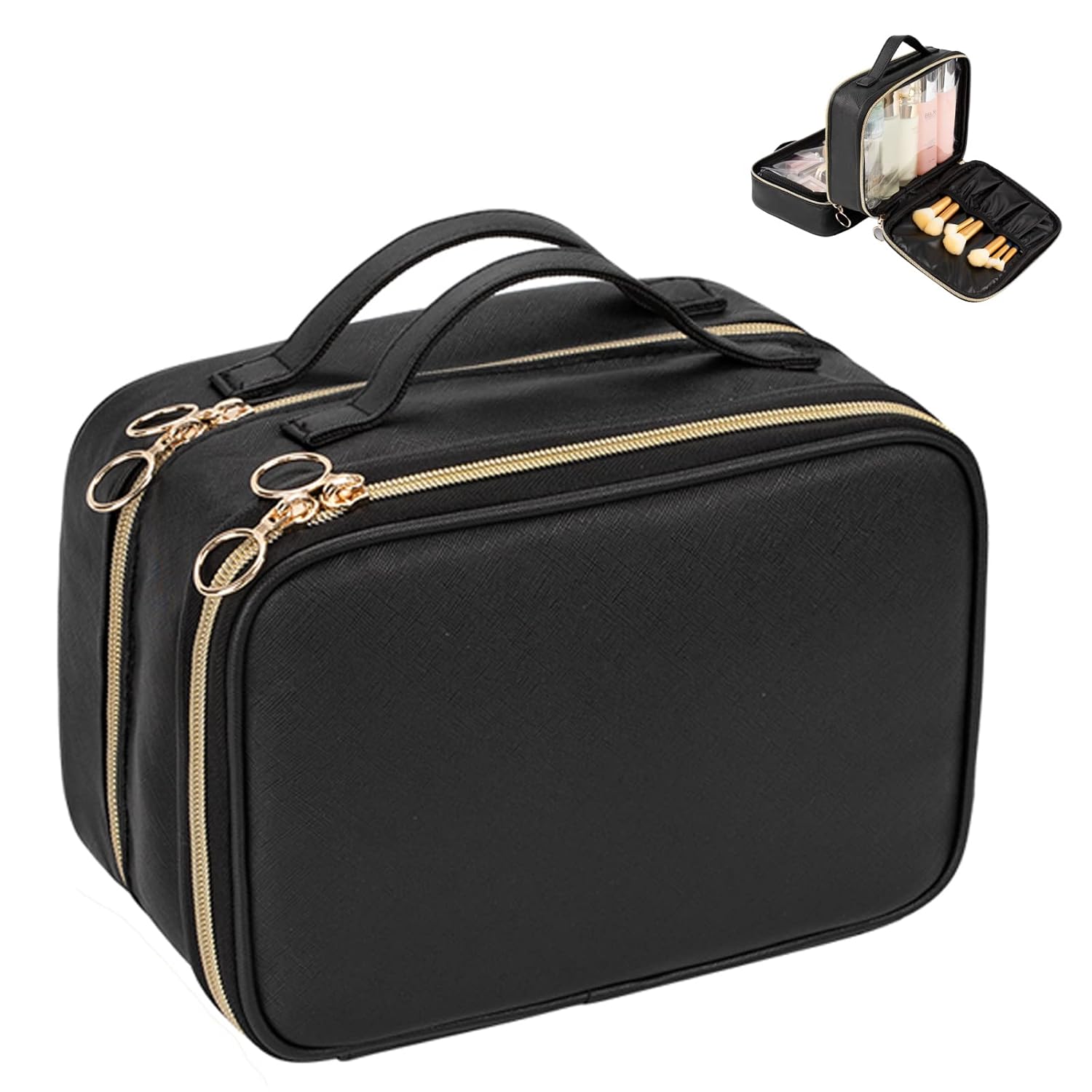 Buy now OCHEAL Makeup Bag, Double Layer Cosmetic Bag, Large Capacity New Look Clear Cosmetic Case for Women Travel Beauty Essentials, Multiple Compartments Makeup Case Organizer Zipper Pouch -Black at indiglob india
