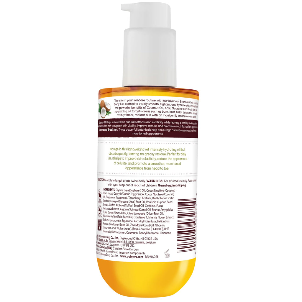 Palmer's Brazilian Cocoa Firming Body Oil, Coconut Oil Formula (6.5 Fl Oz) | Helps with Skin Tightening & Firming of Bum, Bust & Belly with Vitamin E, Provides 48hr Moisture, Dermatologist Approved