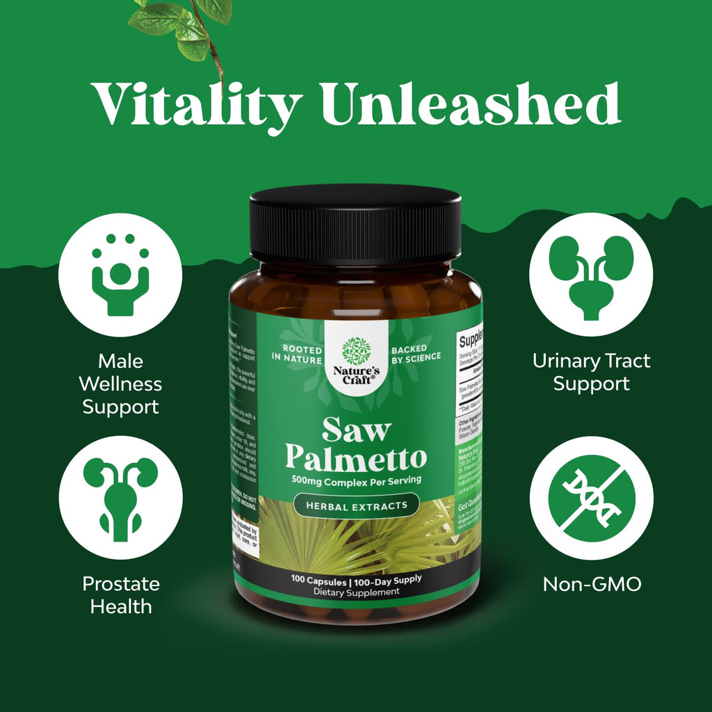 Saw Palmetto for Men Prostate Support - 500mg per Serving - 100 Capsules | Prostate Health Supplement for Men - Herbal Supplement for Urinary Support - Healthy Hair Support - Non-GMO - 100 Servings