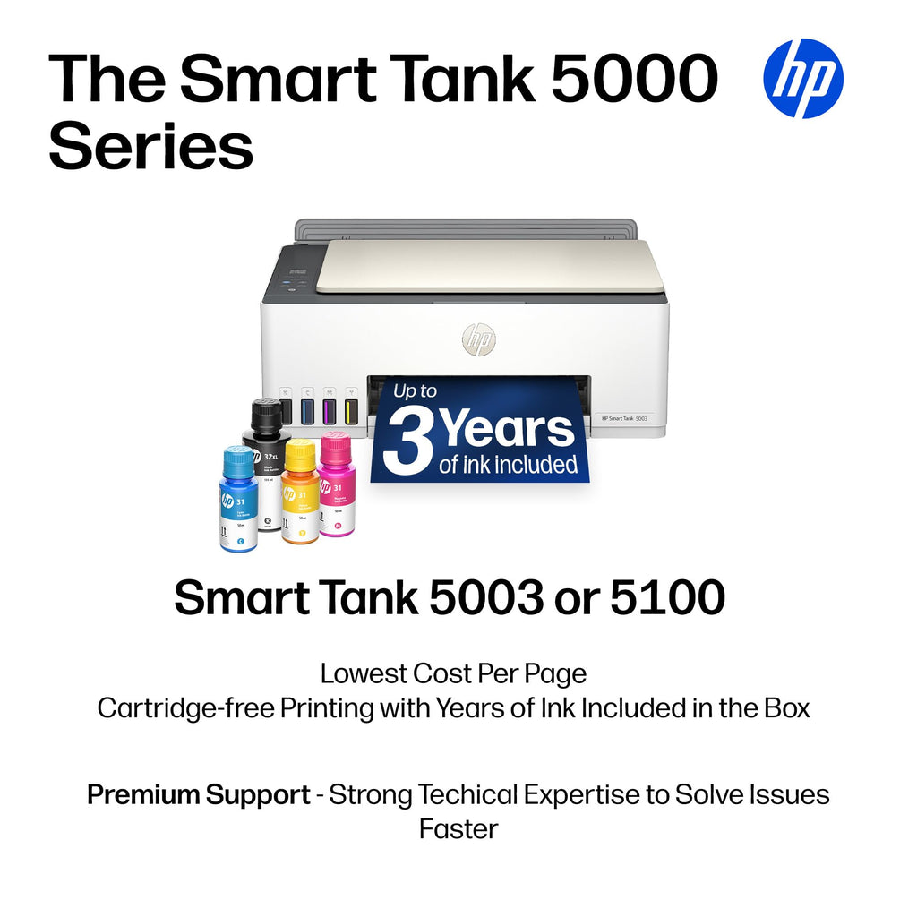 HP Smart Tank 5003 Wireless All-in-One Ink Tank Printer, Scanner, Copier with up to 3 Years of Ink Included, Best-for-Home, Cartridge-Free Refillable, AI-Capable (9B2D3A)