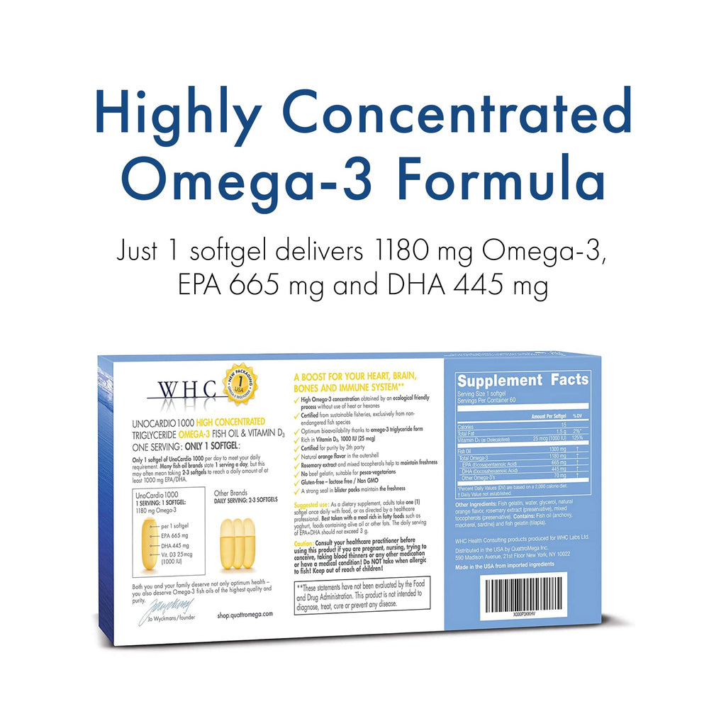 WHC UnoCardio 1000 Omega-3 Fish Oil, 1180mg EPA/DHA + D3, 60 Ct