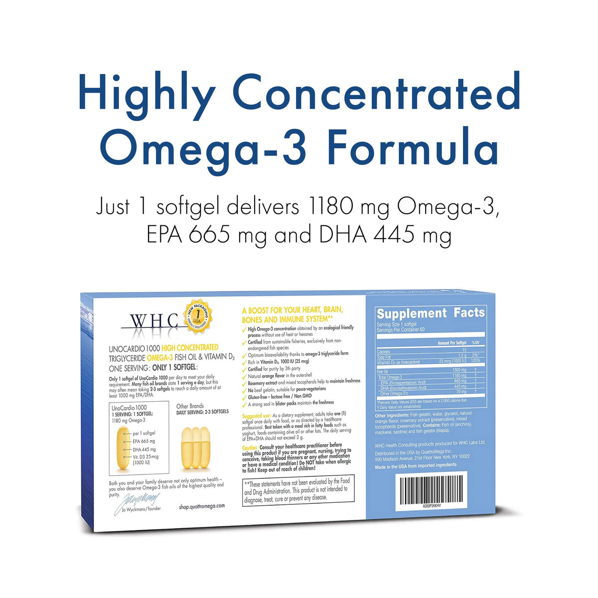 WHC UnoCardio 1000 Omega-3 Fish Oil, 1180mg EPA/DHA + D3, 60 Ct