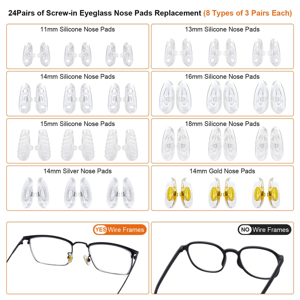 Eyeglass Nose Pads Replacement with 4 Sizes Screws, 24 Pairs Screw-in Glasses Nose Pads, Upgraded Eyeglass Repair Kit with Precision Screwdrivers, Tweezers, Glasses Cloth for Glasses, Sunglasses