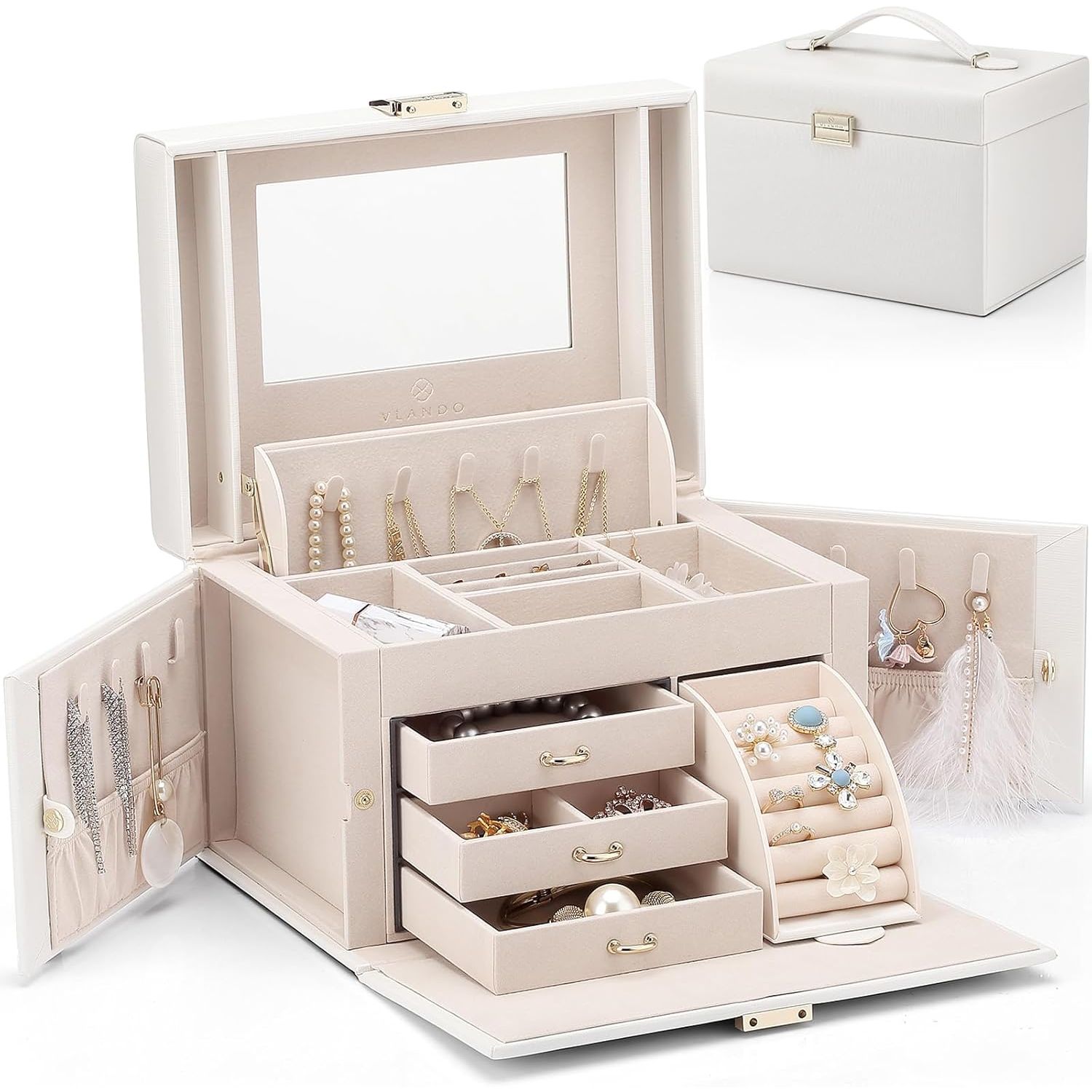 Buy now Vlando Jewelry Box Organizer for Girls Women, Large Baroque Jewelry Holder Organizer with Mirror, 3 Drawers for Bracelets, Earrings, Rings, Necklaces, Mothers Day for Loved One, Pink C.White at indiglob india