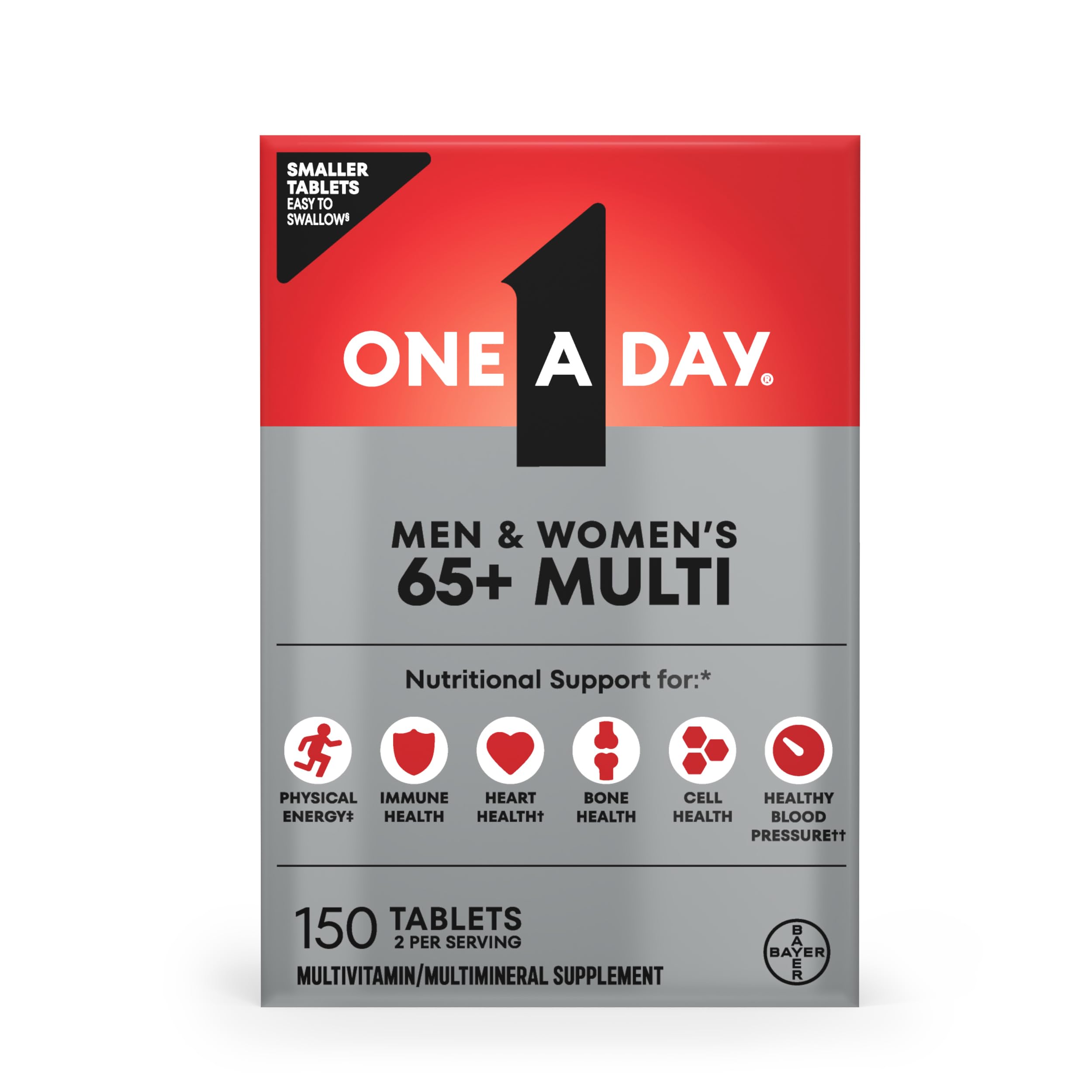 One A Day Proactive 65+, Mens & Womens Multivitamin, Supplement with Vitamin A, C, D, and Zinc to Support Bone Health & Cell Health, Calcium, Folic Acid, Tablet 150 Count
