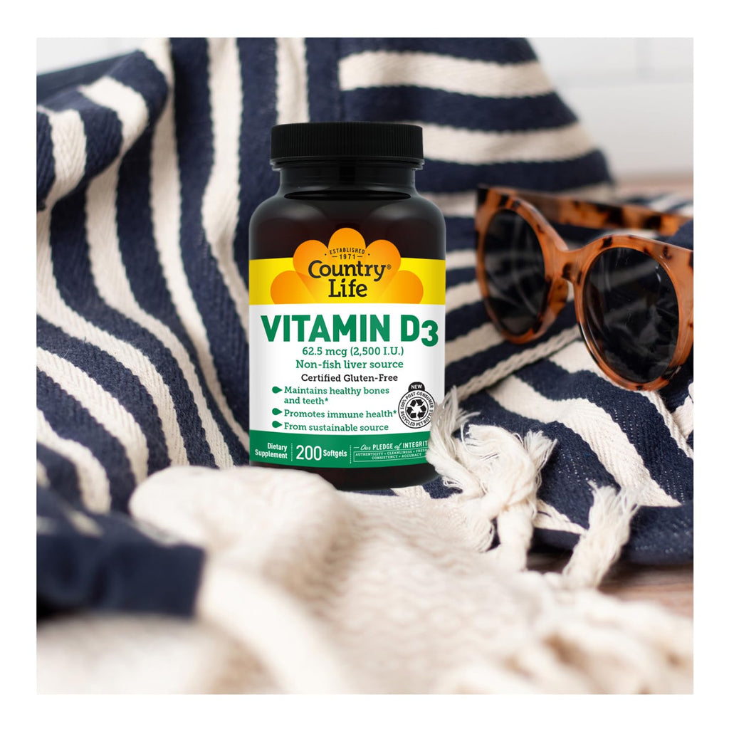 Country Life Vitamin D3 2500 IU, Non-Fish Source, 200 Softgels