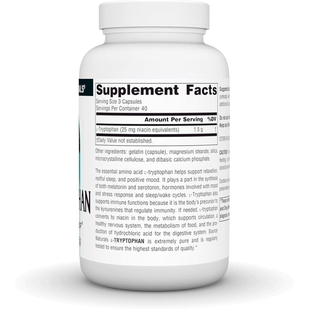 Buy now Source Naturals L-Tryptophan, for Mood, Relaxation, and Sleep*, 500mg - 120 Capsules at indiglob india