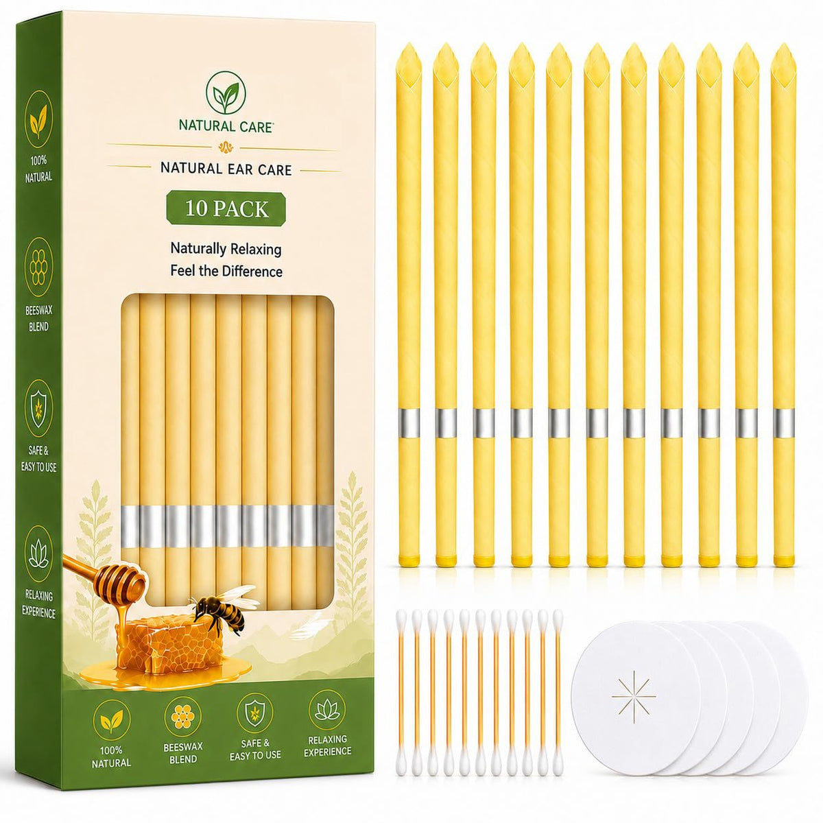 10 Pcs Ear Wax Removal Kit Ear Candle with Protective Discs, Storage Box & Cotton Swabs, Natural SPA Relaxation Candles Set for Home Use