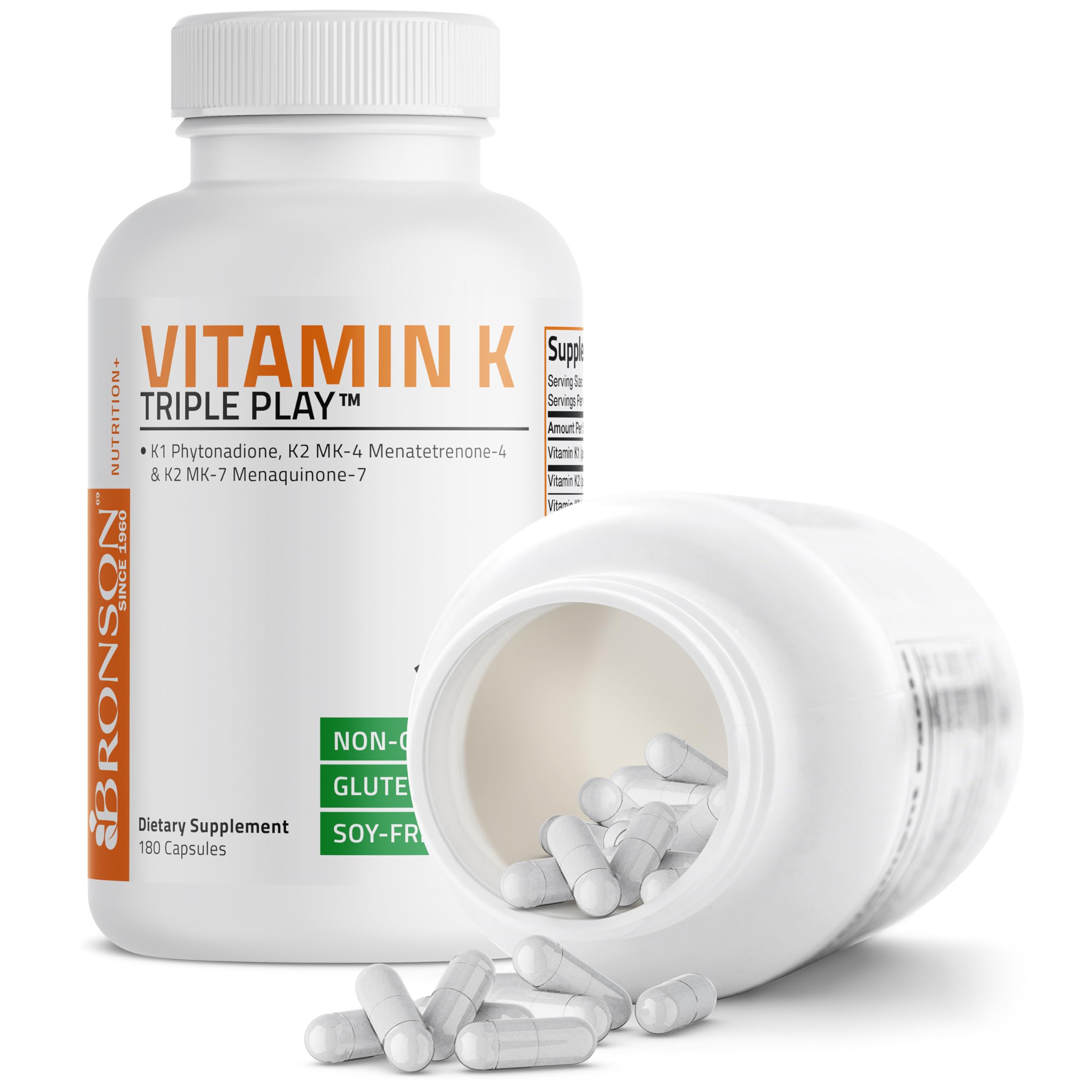 Bronson Vitamin K Triple Play Full Spectrum K1 & K2 MK-4/MK-7, 180 Capsules | 550 mcg Total Vitamin K: 100 mcg K1 + 450 mcg K2, Strong Bone Support, Non-GMO & Gluten-Free