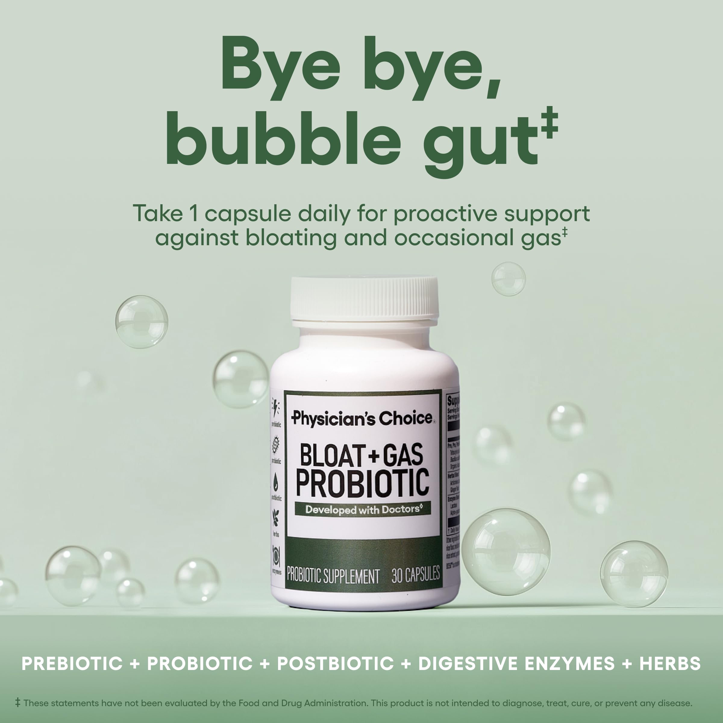 Physician's CHOICE Bloat & Gas Probiotic 5-in-1 Proactive Support + Daily Relief - Digestion & Gut Health- Herbals, Digestive Enzymes, Post & Prebiotics - Gas Relief for Adults - Women & Men - 30ct