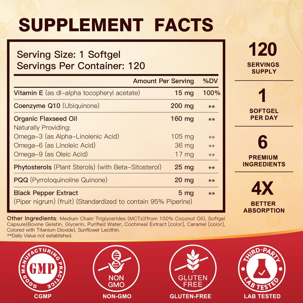 DRFOSTER CoQ10 200mg, with PQQ & Omega 3-6-9 & Vitamin E, 120 Servings