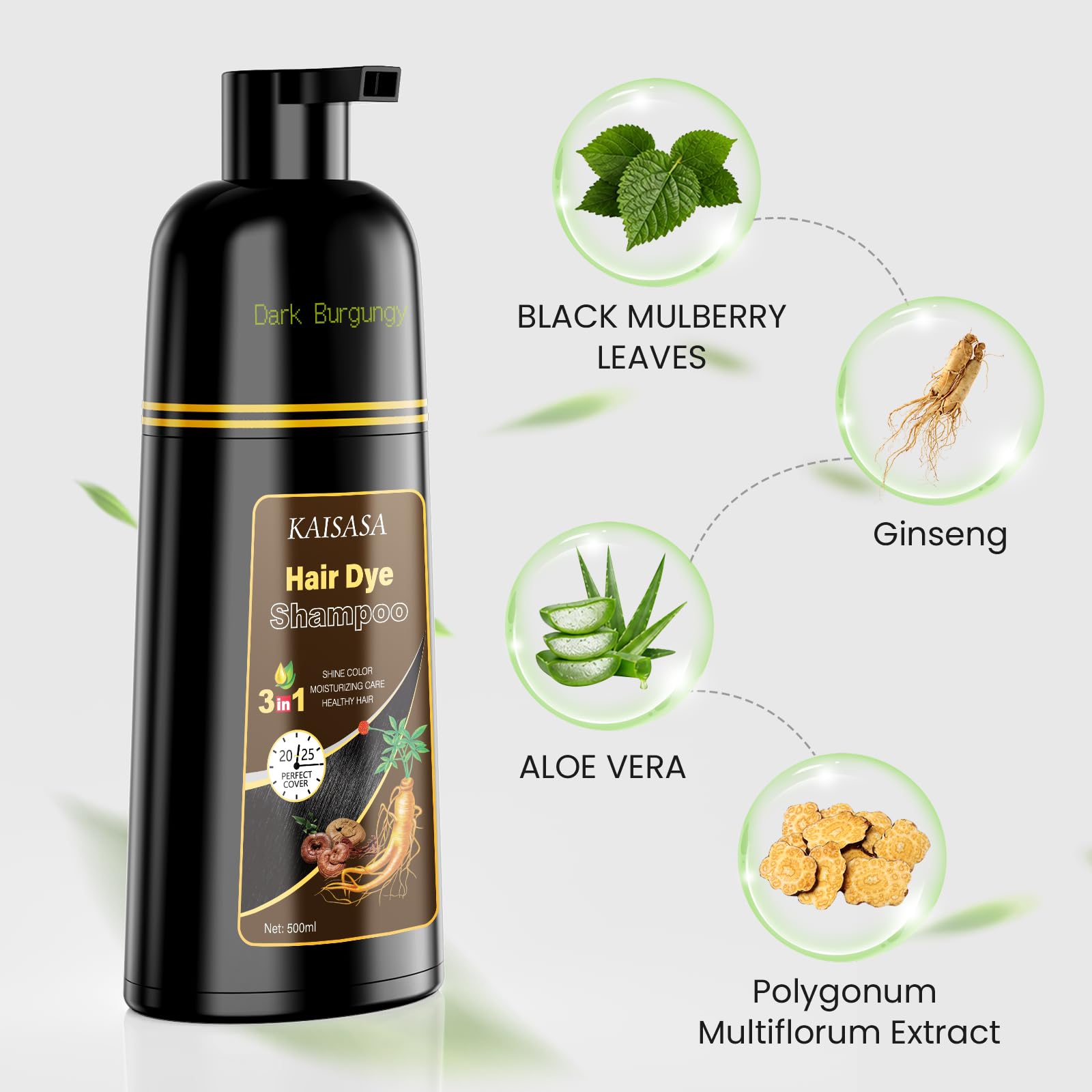 KAISASA Dark Burgundy Hair Dye Shampoo 3 in 1 for Gray Hair, Women & Men | Easy-to-Use Hair Color Shampoo for Full Gray Coverage and Daily Hair Care
