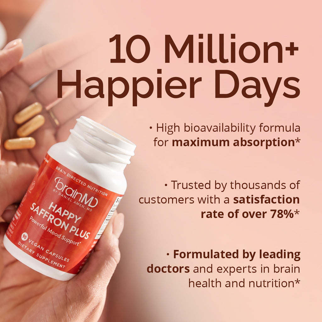 BRAINMD Dr Amen Happy Saffron Plus - 90 Capsules - with Saffron Flower Extract, Curcumin & Zinc - Vegan, Gluten Free - 30 Servings | 30 Servings