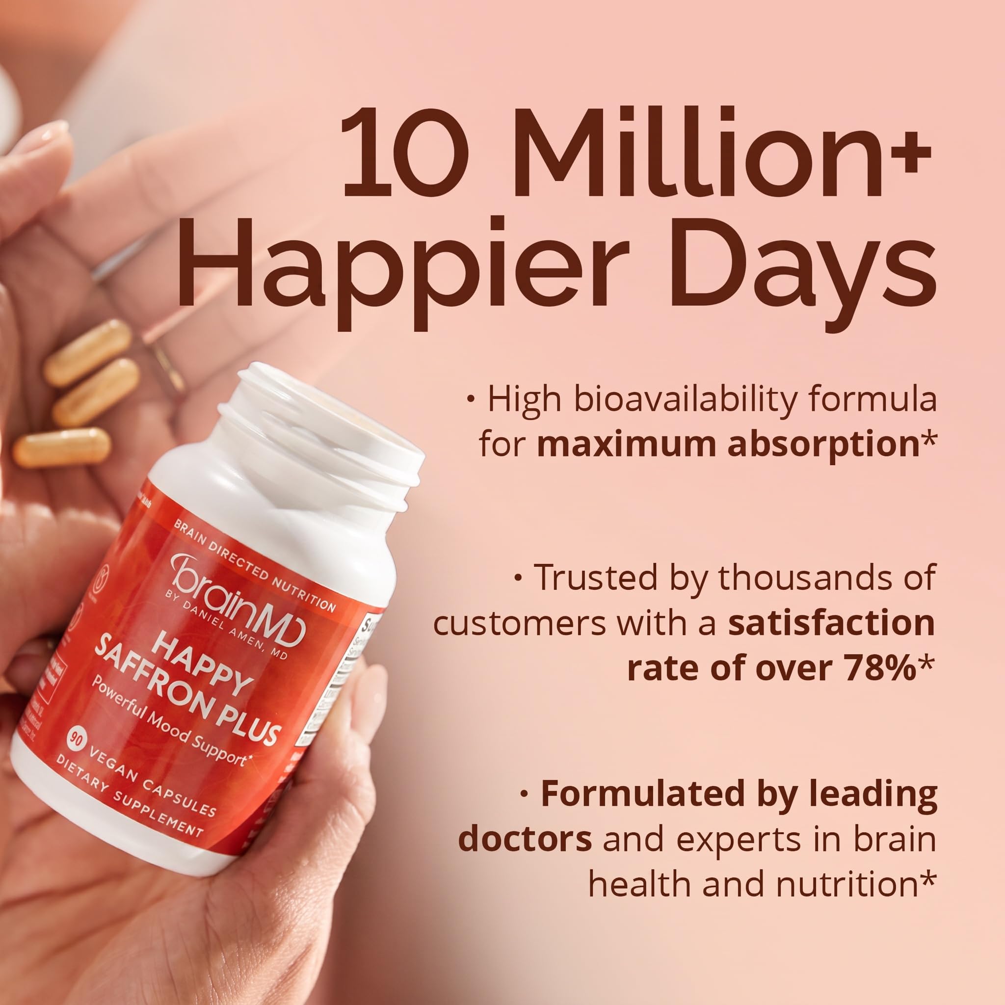 BRAINMD Dr Amen Happy Saffron Plus - 90 Capsules - with Saffron Flower Extract, Curcumin & Zinc - Vegan, Gluten Free - 30 Servings | 30 Servings