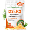 VEV Vitamin D3 K2 10,000 IU, 200 mcg K2, 300 Coconut Oil Softgels
