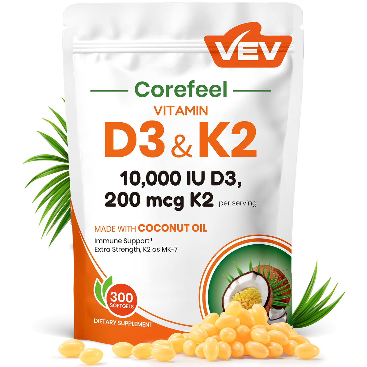 VEV Vitamin D3 K2 10,000 IU, 200 mcg K2, 300 Coconut Oil Softgels