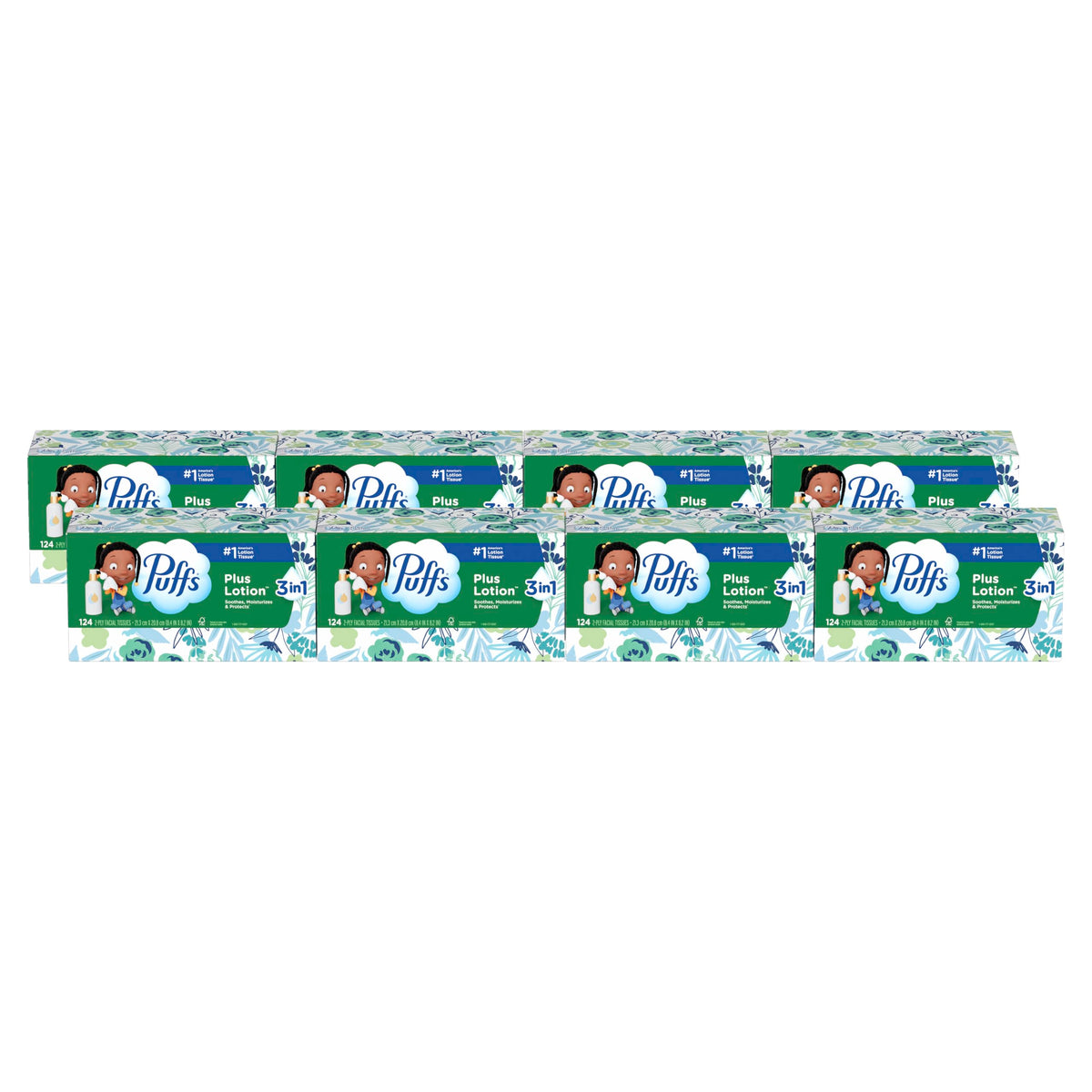 Puffs Facial Tissues Plus Lotion, 8 Family Rectangle Boxes, 124 Facial Tissues per Box, Allergies and Colds (Packaging May Vary)