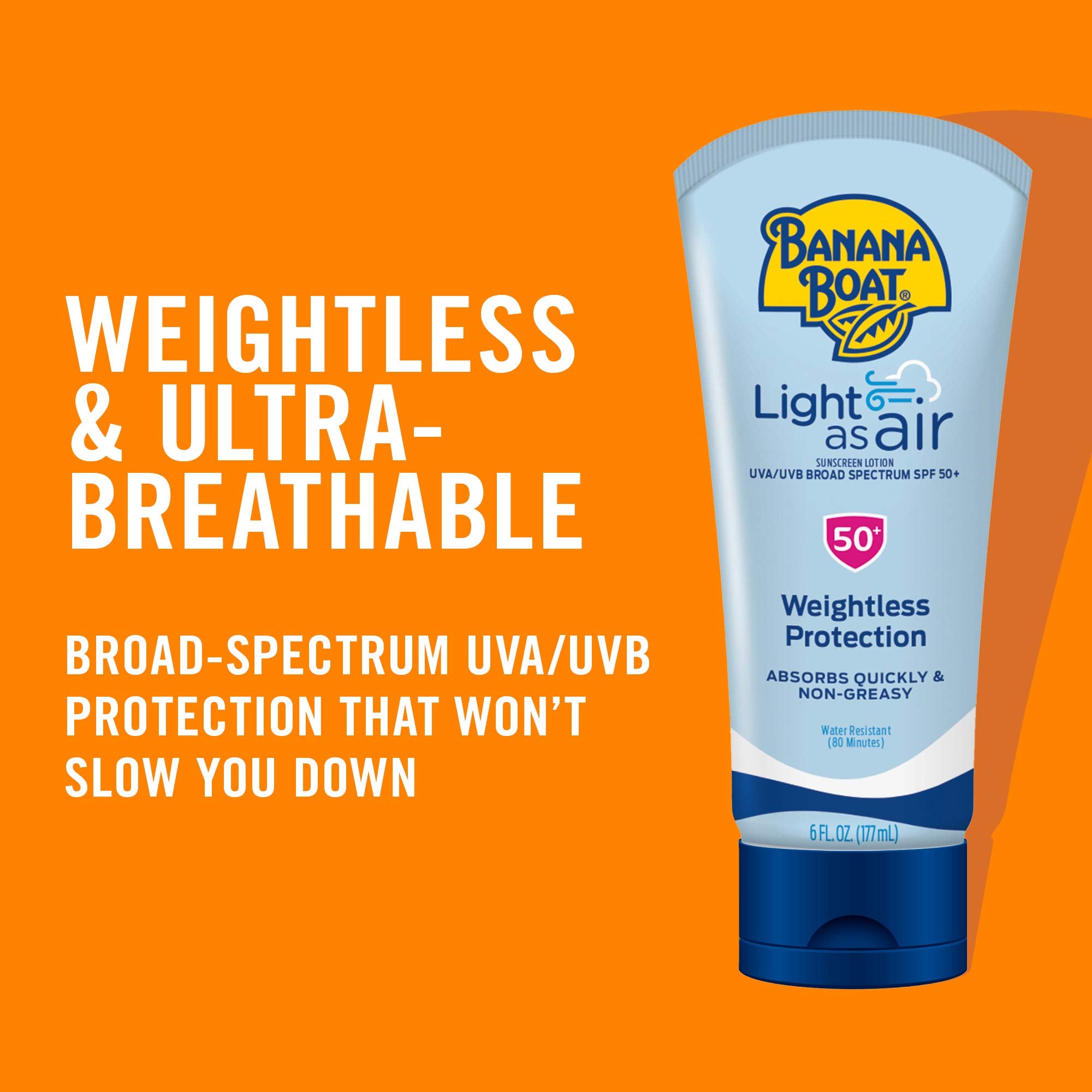 Banana Boat Light As Air Sunscreen Lotion SPF 50, 6 Fl Oz (2 Pack) | Water and sweat resistant sunblock, UVA/UVB broad spectrum protection, Lightweight formula, Sunscreen for face and body