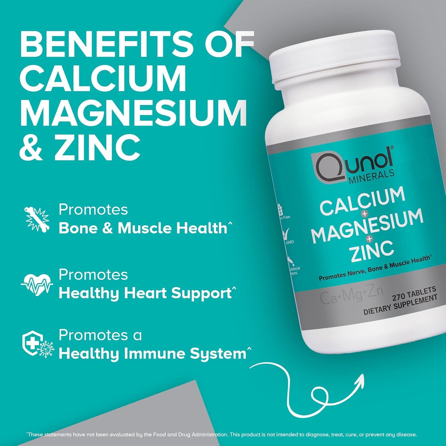 Qunol Calcium Magnesium Zinc 3-in-1 Tablet, Immune System Support, 270ct | Support Nerve, Bone & Muscle Health, Cognitive Performance, Healthy Stress Response, Restful Sleep; Vegetarian, Gluten-Free