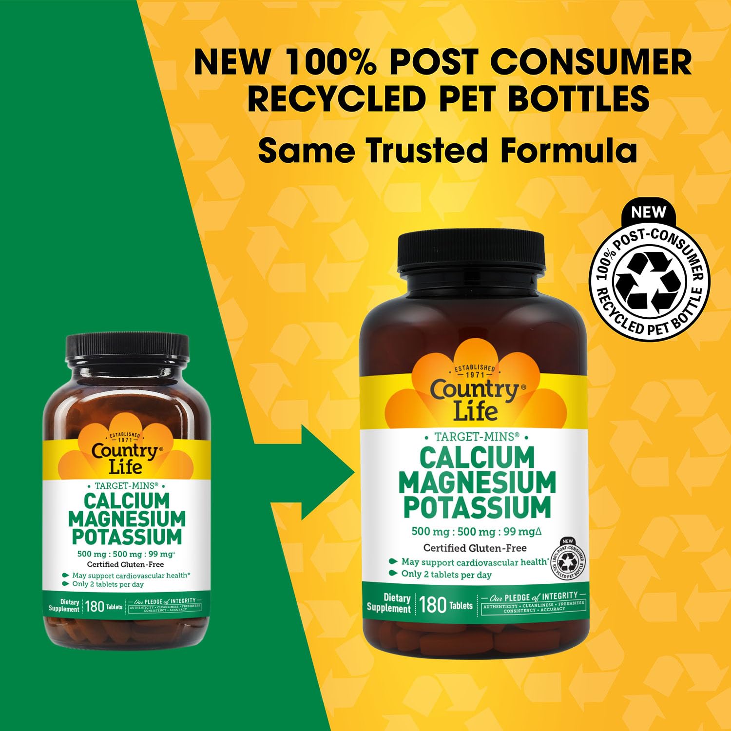 Country Life Target-Mins Calcium Magnesium Potassium, 180 Tablets | 500 mg calcium, 500 mg magnesium and 99 mg potassium per 2-tablet serving; certified gluten-free