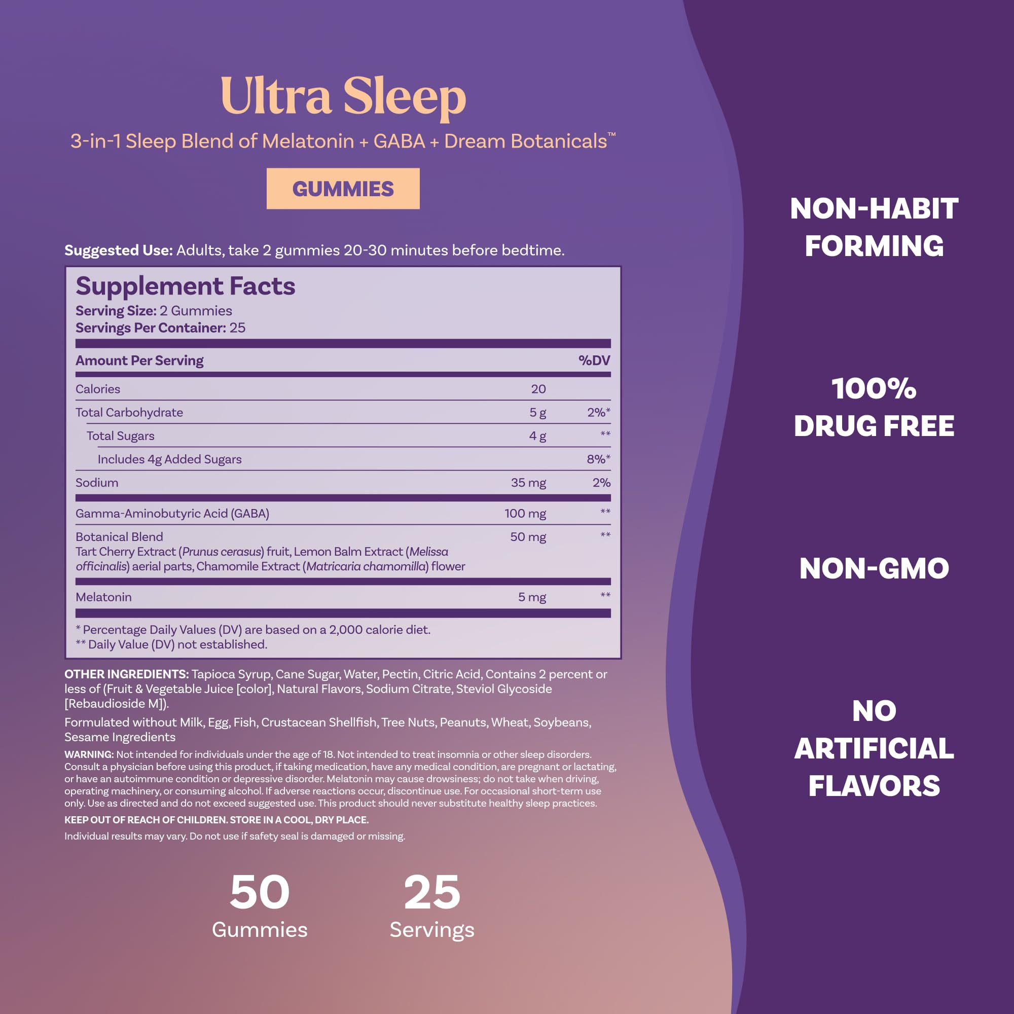 Natrol Ultra Sleep 3-in-1, 5mg Melatonin, GABA & Botanicals, 50 Gummies | Improve Sleep Quality, Wake Up Rested & Refreshed, Strawberry Flavor, Dietary Supplement, 100% Drug-Free, Non-Habit Forming