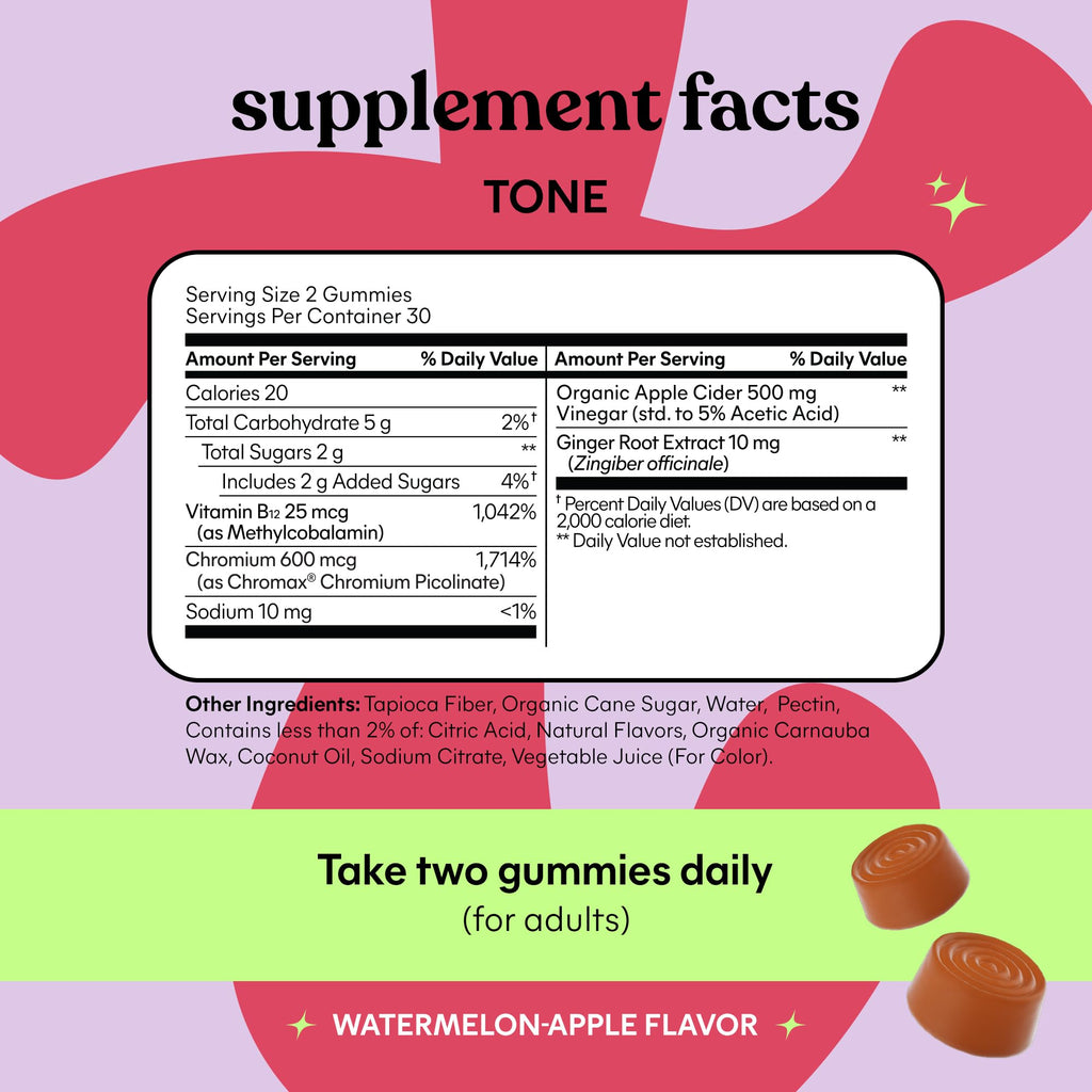 Lemme Tone Metabolism & Body Toning Gummies, 30-Day Supply | Clinically Studied Chromium & B12, Blood Sugar & Weight Management Support, Watermelon Apple Flavor