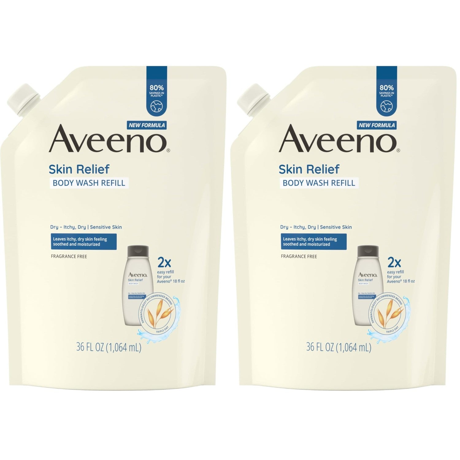 Aveeno Skin Relief Body Wash Refill, Fragrance-Free, 36 fl. oz | Triple Oat Formula, Gentle Daily Cleanser for Sensitive Skin, Leaves Itchy, Dry Skin Feeling Soothed & Moisturized