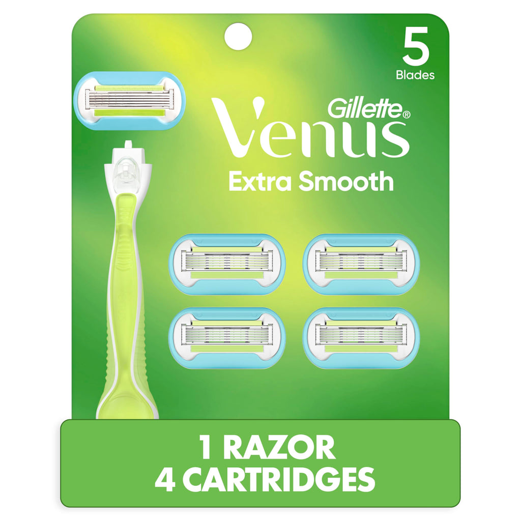 Gillette Venus Razor for Women, Extra Smooth, Includes 1 Reusable Razor Handle + 4 count 5-Bladed Razor Refills, Women's Razor with Durable Metal Handle and Shower Holder