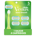 Gillette Venus Razor for Women, Extra Smooth, Includes 1 Reusable Razor Handle + 4 count 5-Bladed Razor Refills, Women's Razor with Durable Metal Handle and Shower Holder