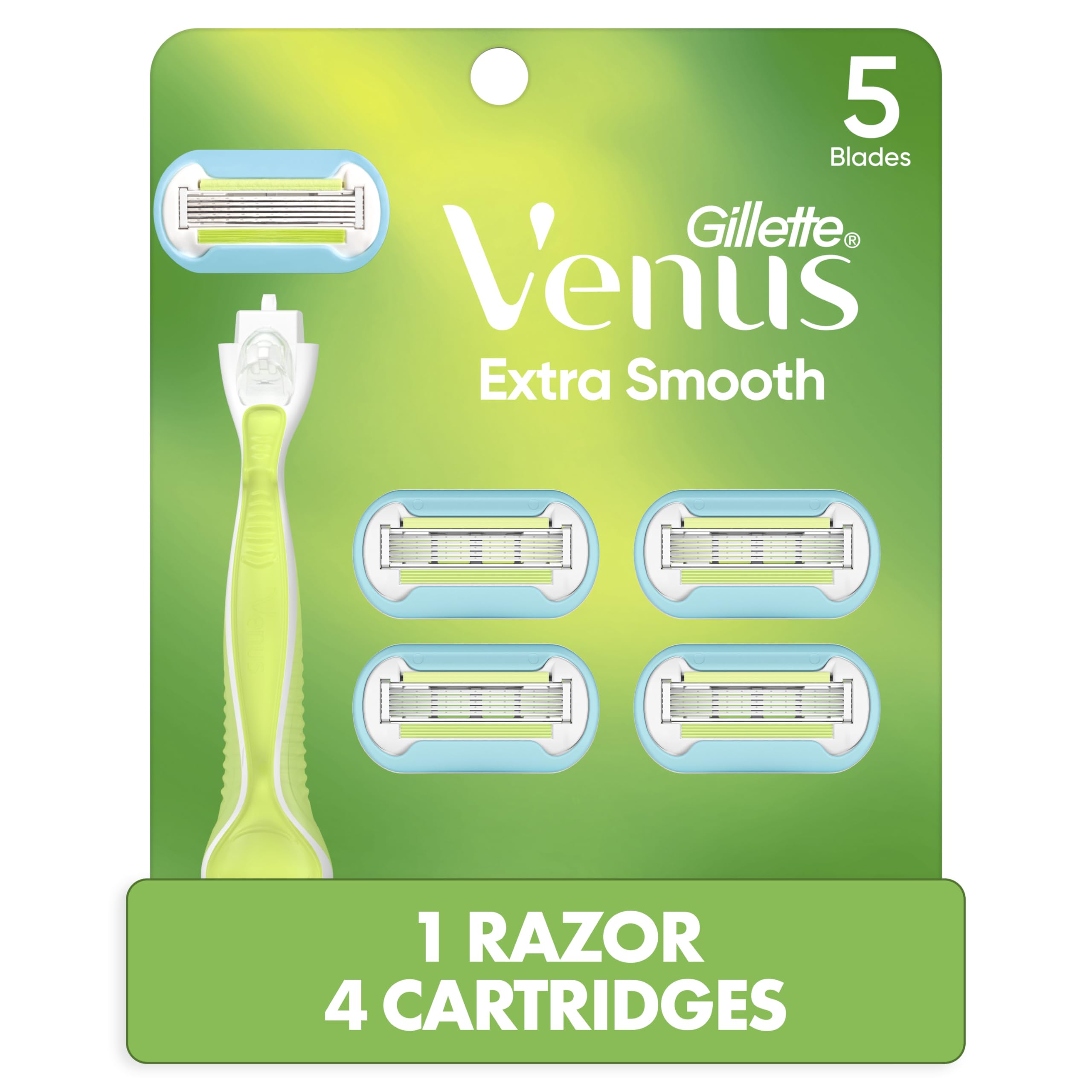 Gillette Venus Razor for Women, Extra Smooth, Includes 1 Reusable Razor Handle + 4 count 5-Bladed Razor Refills, Women's Razor with Durable Metal Handle and Shower Holder