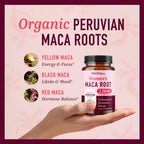 Organic Maca Root Capsules for Women, Peruvian Maca 2250MG Extra Strength | Red Black & Yellow Root Powder with Black Pepper for Absorption, Herbal Support for Energy & Hormone Balance, 120 Capsules