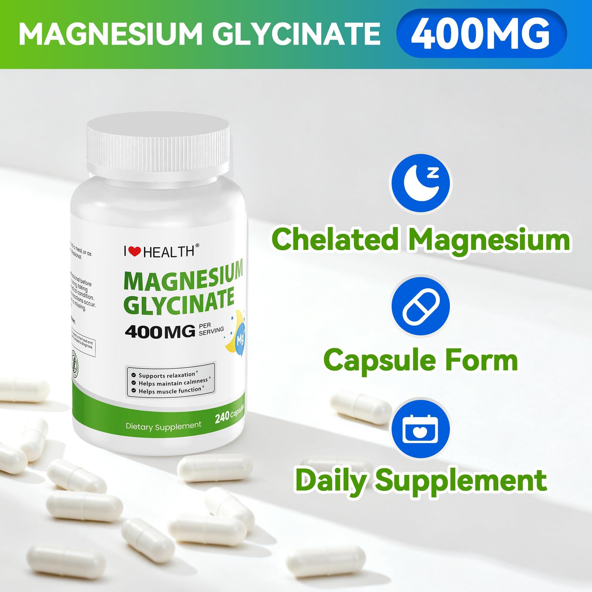 Magnesium Glycinate 400mg per Capsule – 240 Capsules – High Absorption Magnesium Supplement for Relaxation, Calmness & Muscle Support – Gentle on Stomach - for Men and Women – Made in USA